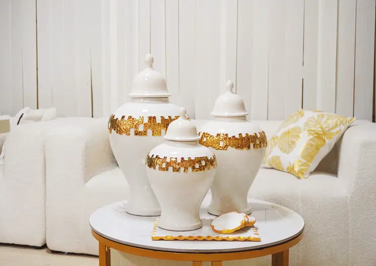22" White and Gold Abstract Urn Ceramic Ginger Jar