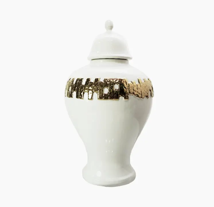 14" White and Gold Abstract Urn Ceramic Ginger Jar
