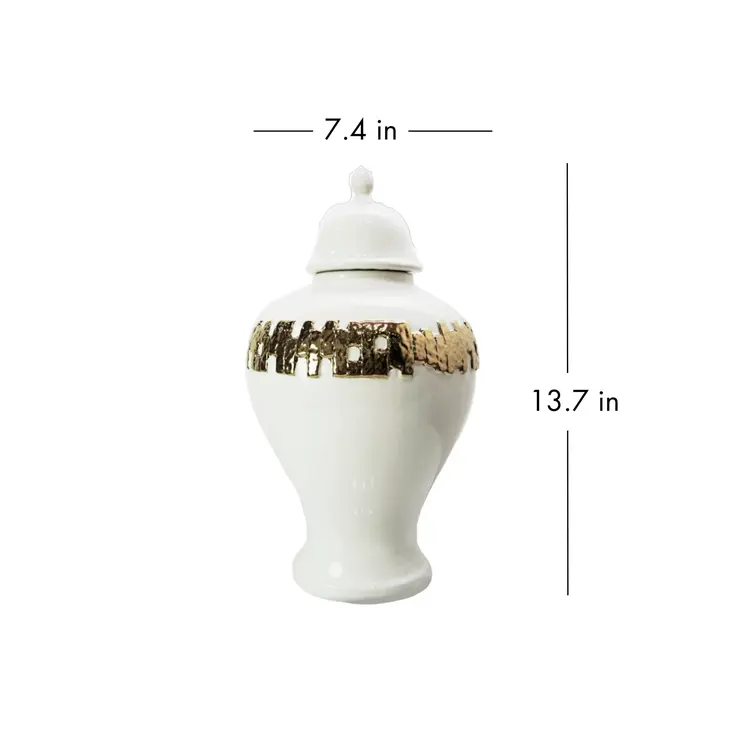 14" White and Gold Abstract Urn Ceramic Ginger Jar