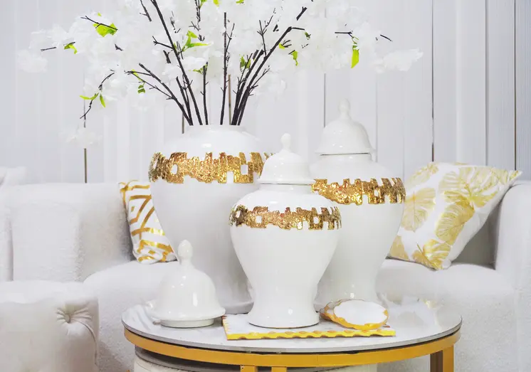 14" White and Gold Abstract Urn Ceramic Ginger Jar