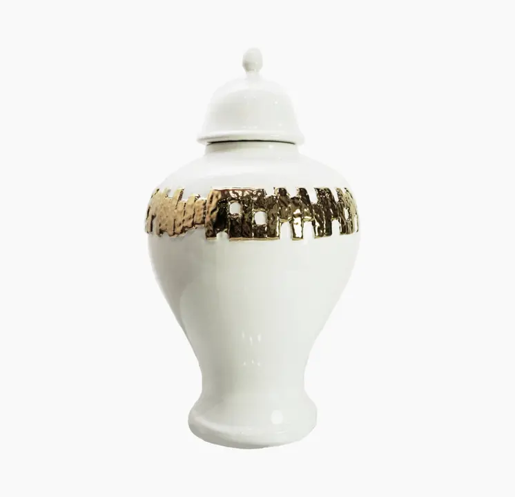 14" White and Gold Abstract Urn Ceramic Ginger Jar