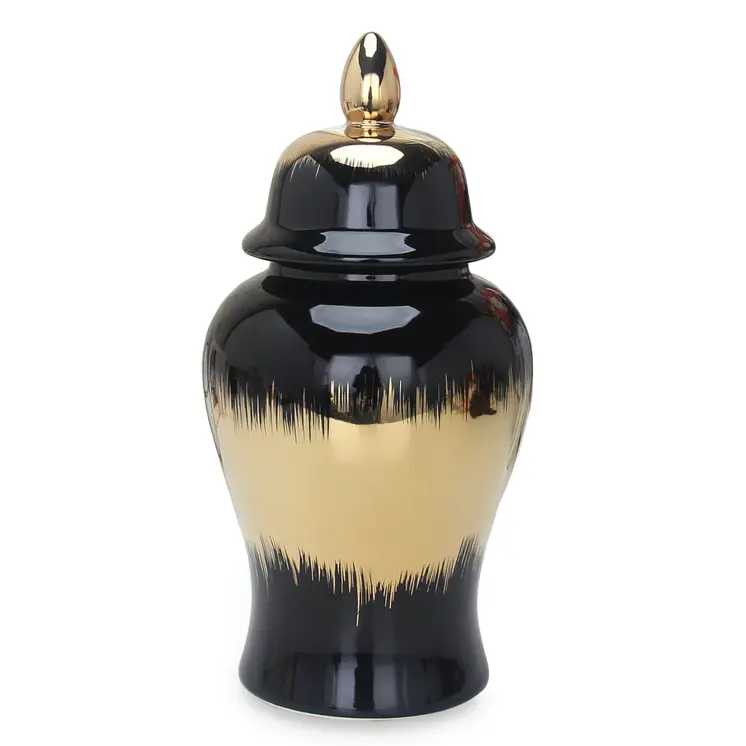 19" Black and Gold Color Block Urn Ceramic Ginger Jar