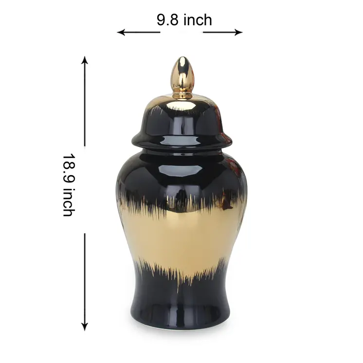 19" Black and Gold Color Block Urn Ceramic Ginger Jar