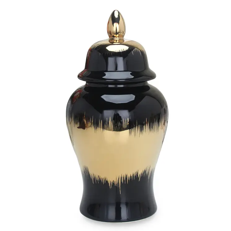 19" Black and Gold Color Block Urn Ceramic Ginger Jar