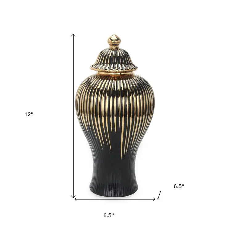 12" Black and Gold Striped Urn Ceramic Ginger Jar