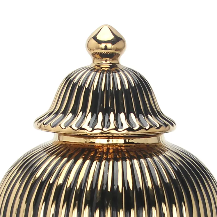17" Black and Gold Striped Urn Ceramic Ginger Jar