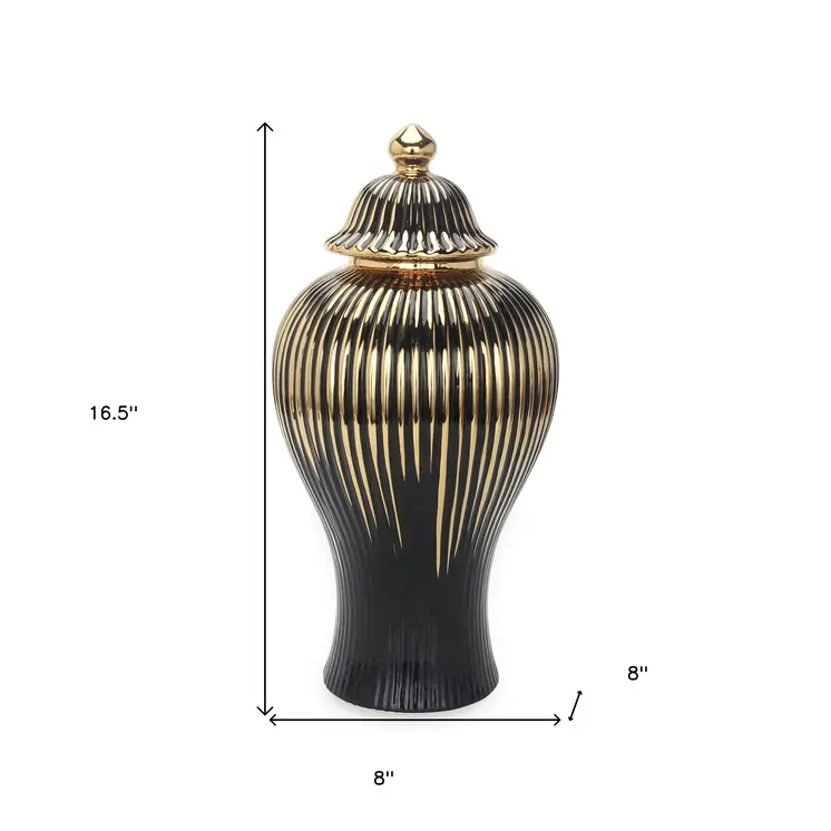 17" Black and Gold Striped Urn Ceramic Ginger Jar
