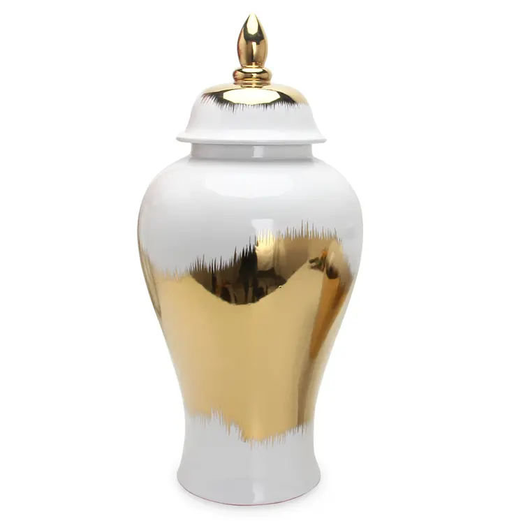 25" White and Gold Abstract Urn Ceramic Ginger Jar