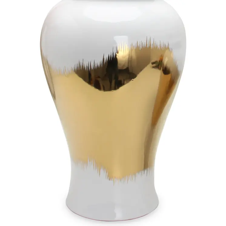 25" White and Gold Abstract Urn Ceramic Ginger Jar