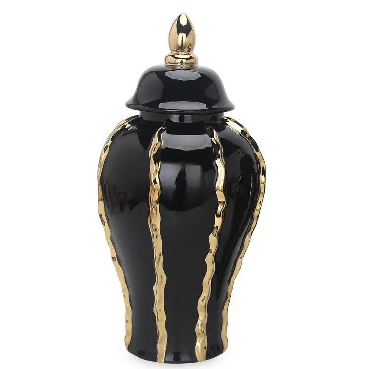 19" Black and Gold Striped Urn Ceramic Ginger Jar