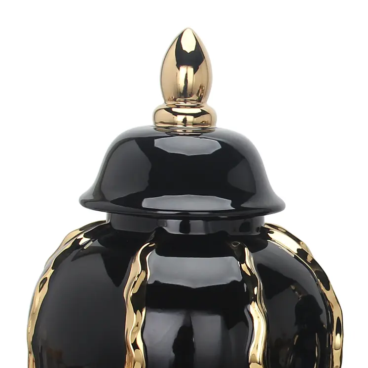 19" Black and Gold Striped Urn Ceramic Ginger Jar
