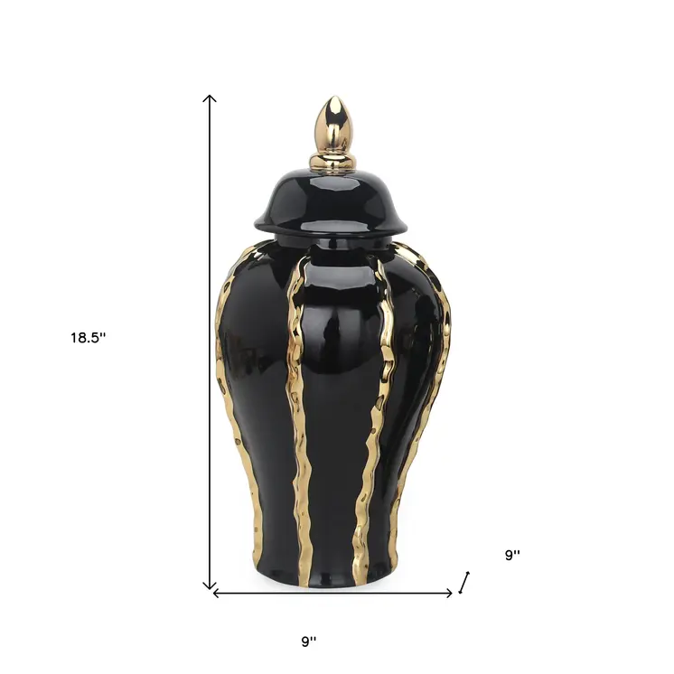19" Black and Gold Striped Urn Ceramic Ginger Jar