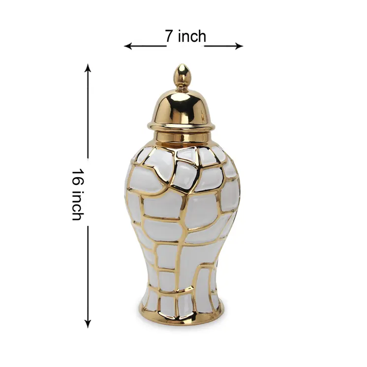 16" White and Gold Abstract Urn Ceramic Ginger Jar