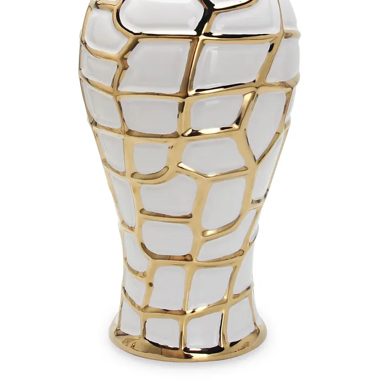 16" White and Gold Abstract Urn Ceramic Ginger Jar