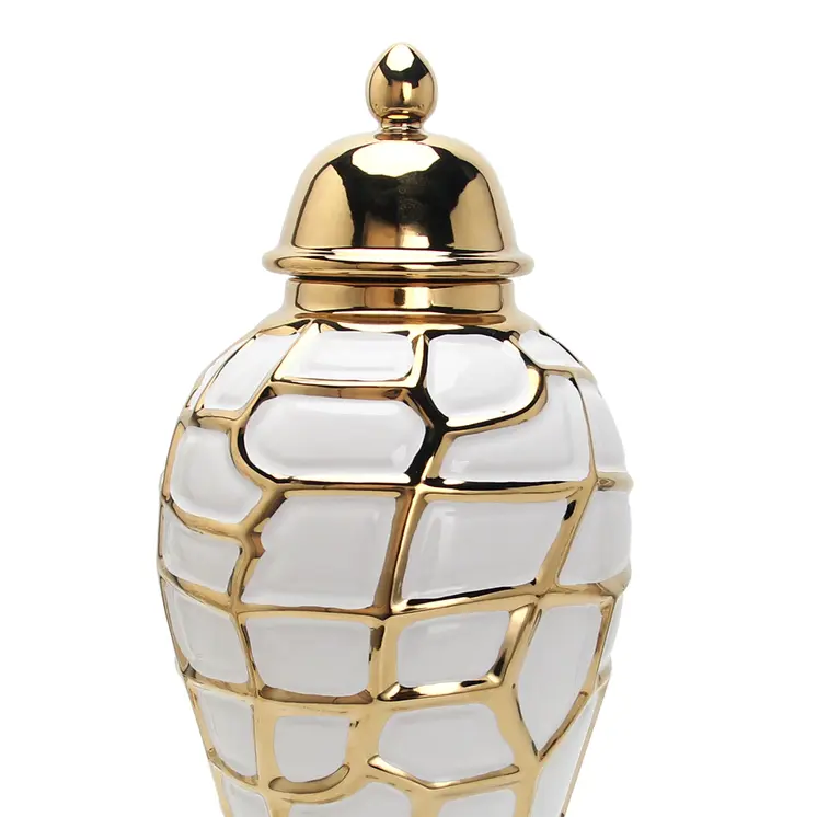 16" White and Gold Abstract Urn Ceramic Ginger Jar