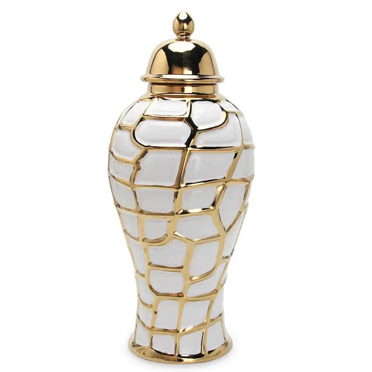 20" White and Gold Abstract Urn Ceramic Ginger Jar