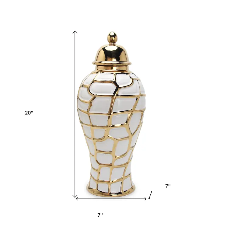 20" White and Gold Abstract Urn Ceramic Ginger Jar