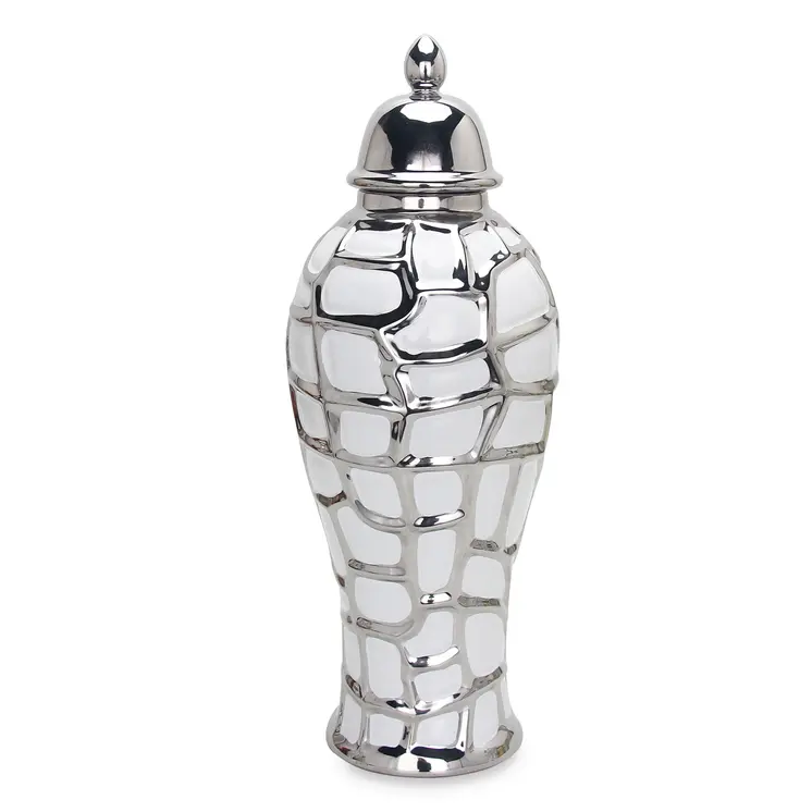 13" White and Silver Abstract Urn Ceramic Ginger Jar