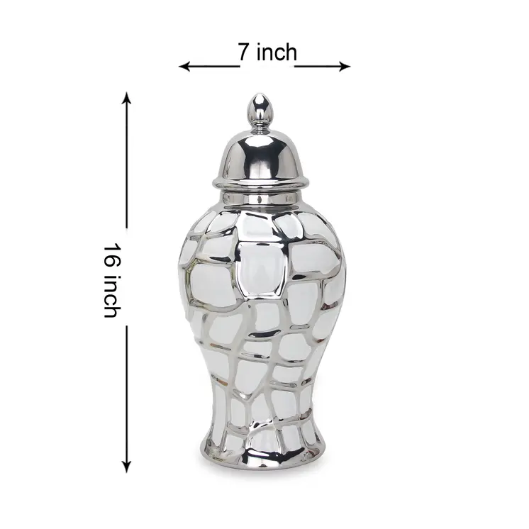 16" White and Silver Abstract Urn Ceramic Ginger Jar