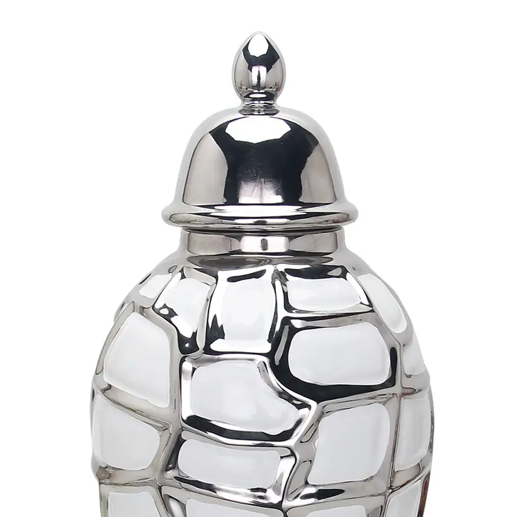 16" White and Silver Abstract Urn Ceramic Ginger Jar