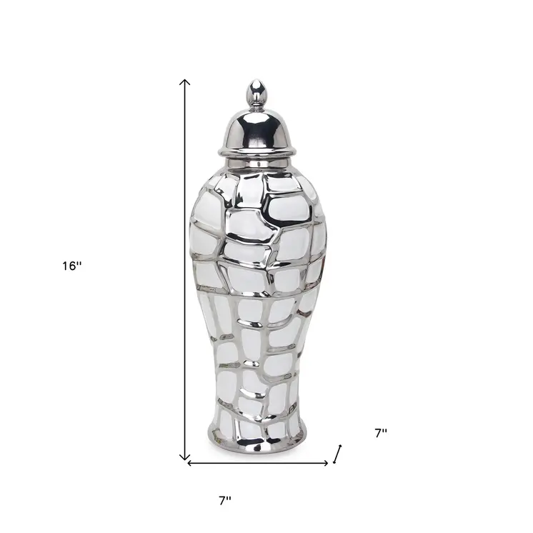 16" White and Silver Abstract Urn Ceramic Ginger Jar