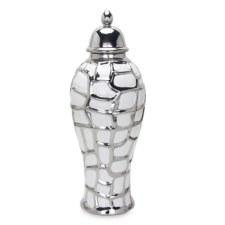 20" White And Silver White Abstract Geo Urn Ceramic Ginger Jar