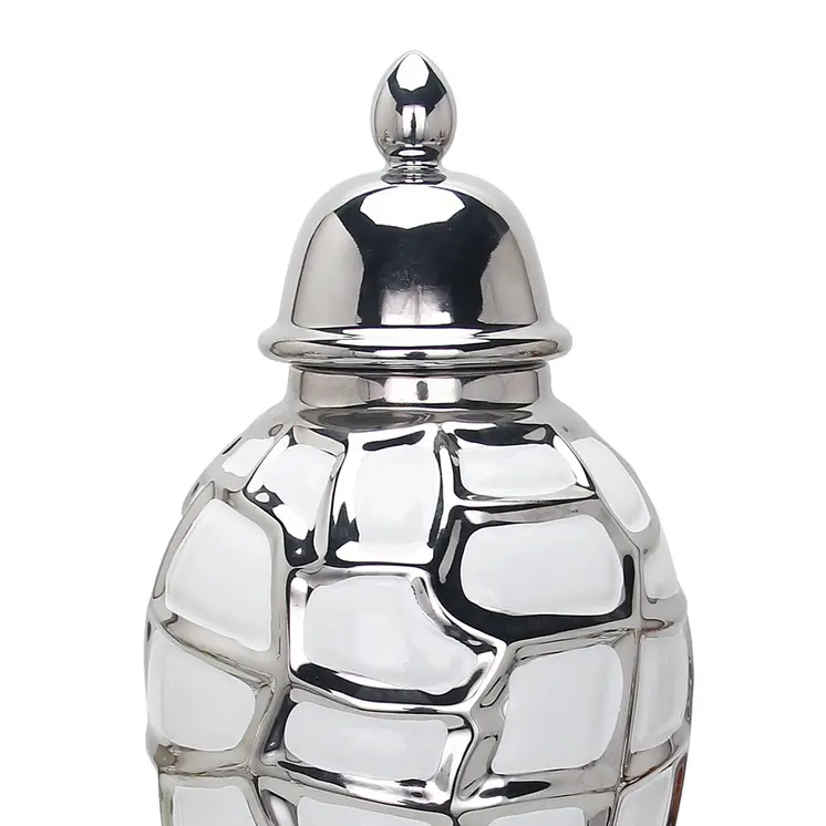 20" White And Silver White Abstract Geo Urn Ceramic Ginger Jar