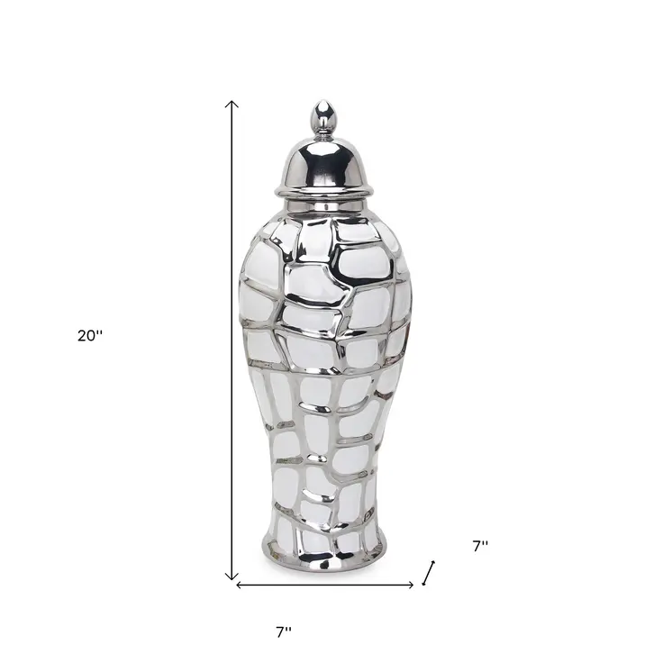 20" White And Silver White Abstract Geo Urn Ceramic Ginger Jar