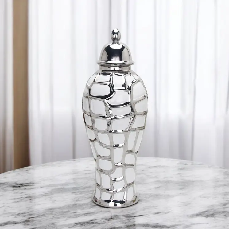 20" White And Silver White Abstract Geo Urn Ceramic Ginger Jar