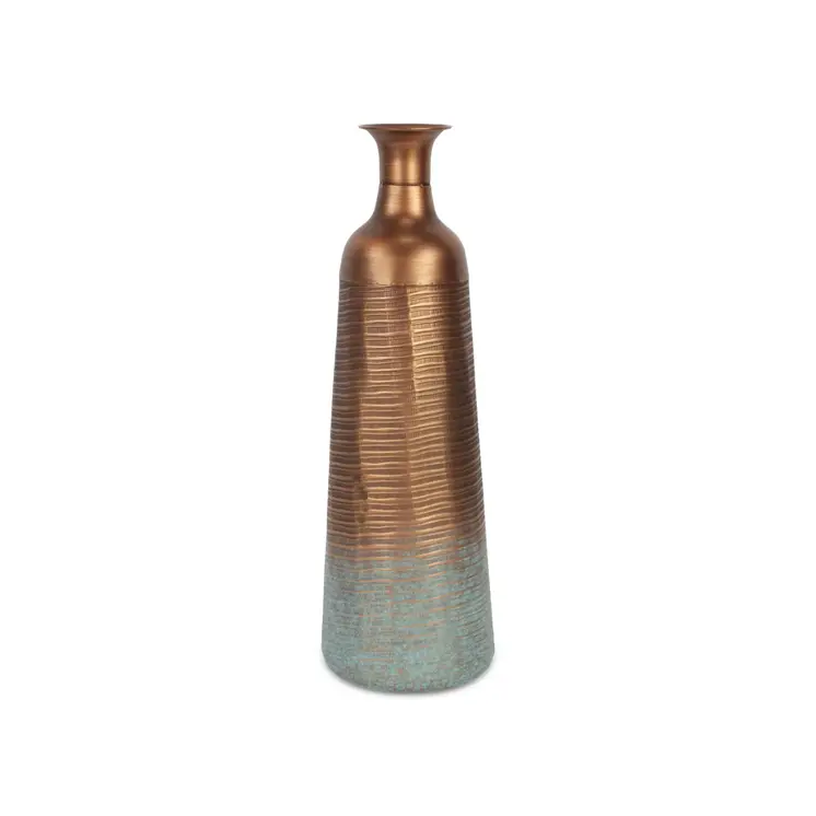 24" Copper And Teal Abstract Tapered Metal Table Vase