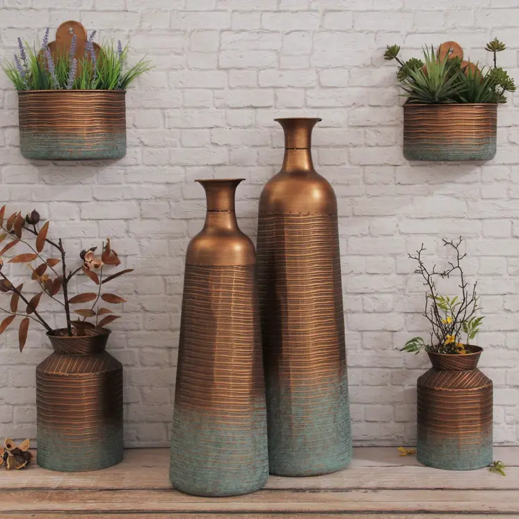 24" Copper And Teal Abstract Tapered Metal Table Vase