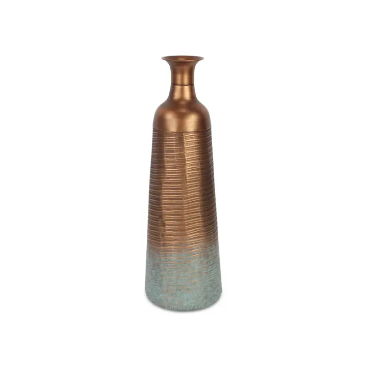24" Copper And Teal Abstract Tapered Metal Table Vase