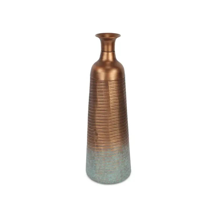 24" Copper And Teal Abstract Tapered Metal Table Vase
