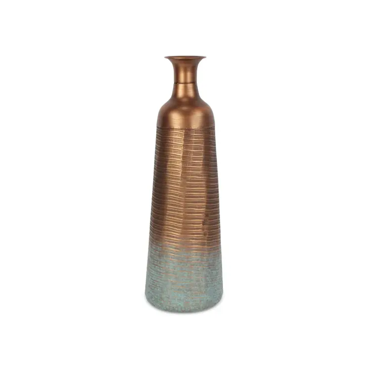 24" Copper And Teal Abstract Tapered Metal Table Vase