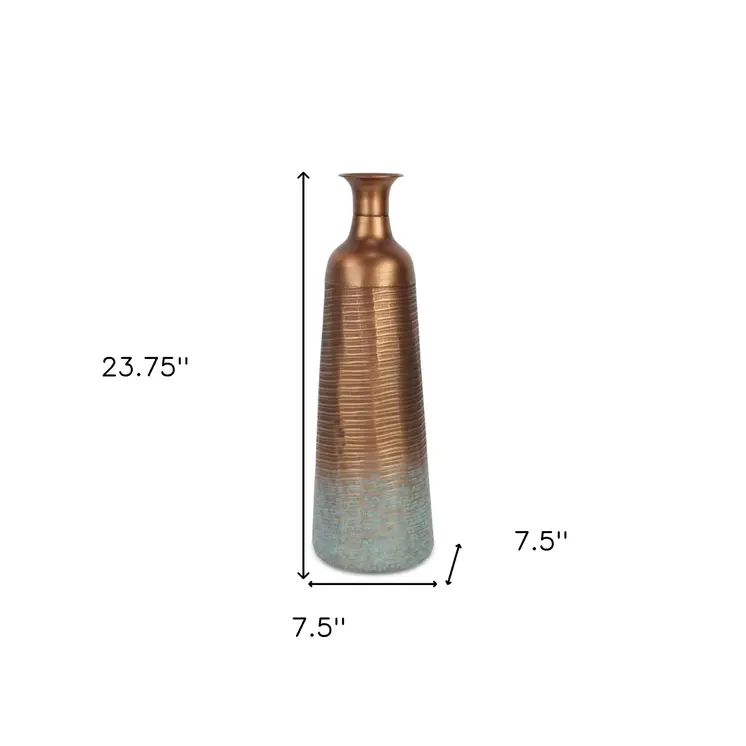 24" Copper And Teal Abstract Tapered Metal Table Vase