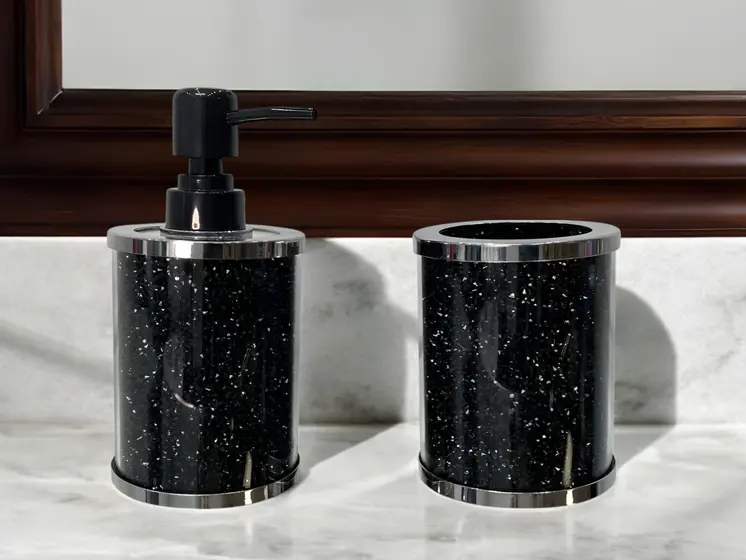 Two Piece Black Glass Bling Bathroom Accessory Set