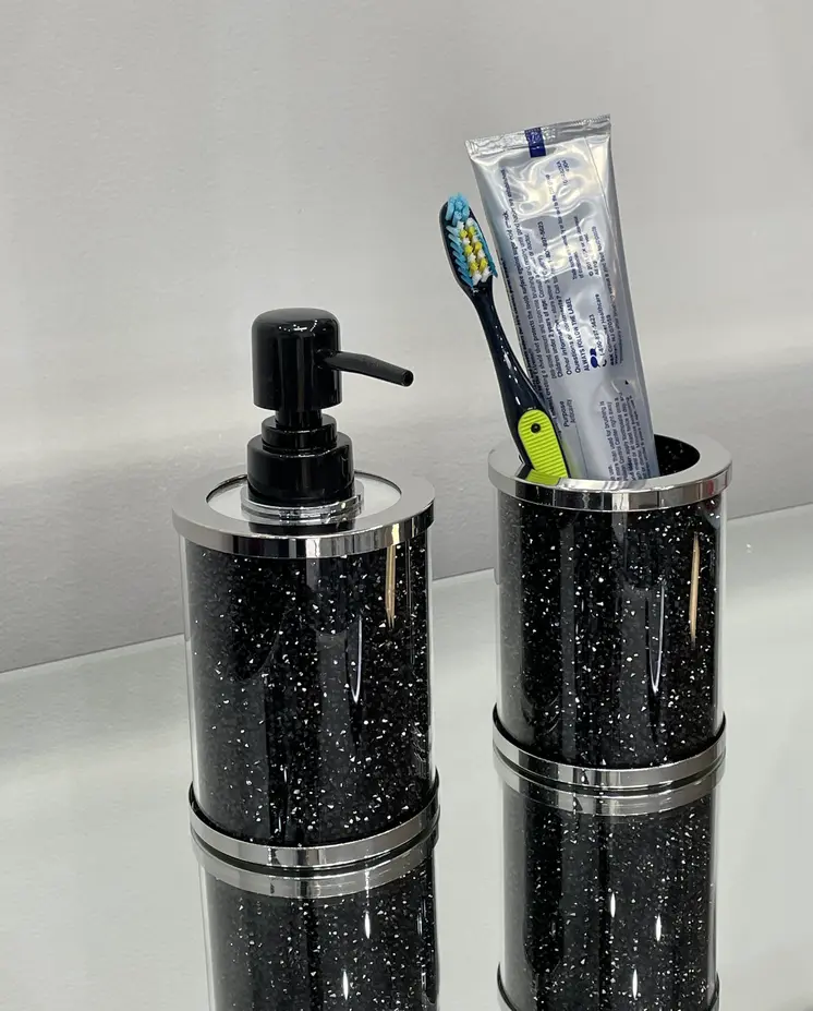 Two Piece Black Glass Bling Bathroom Accessory Set