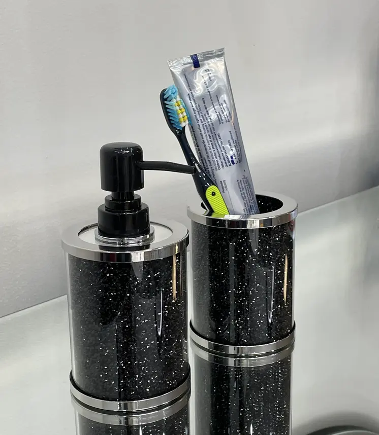 Two Piece Black Glass Bling Bathroom Accessory Set