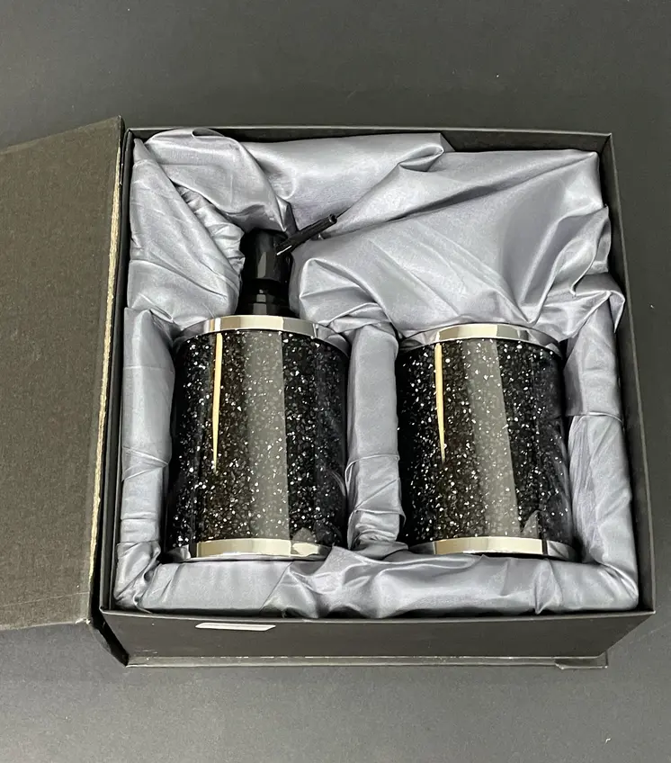 Two Piece Black Glass Bling Bathroom Accessory Set