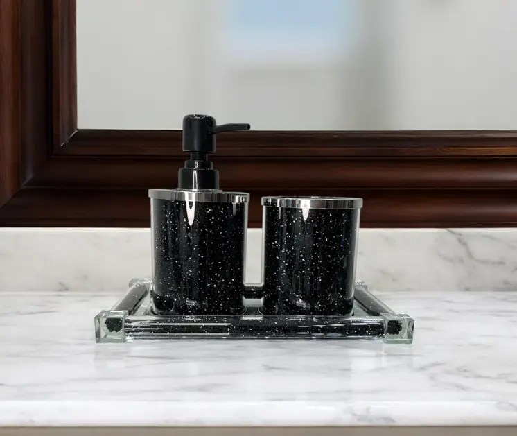 Three Piece Black Silver and Clear Glass Bling Bathroom Accessory Set