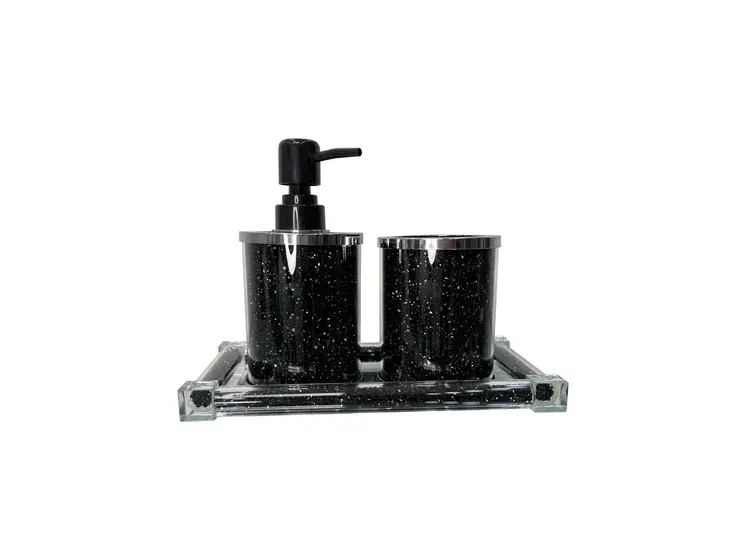 Three Piece Black Silver and Clear Glass Bling Bathroom Accessory Set