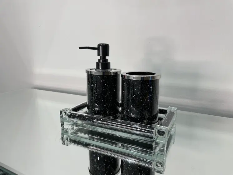 Three Piece Black Silver and Clear Glass Bling Bathroom Accessory Set