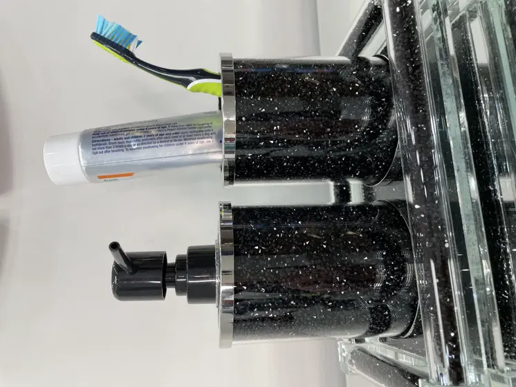Three Piece Black Silver and Clear Glass Bling Bathroom Accessory Set