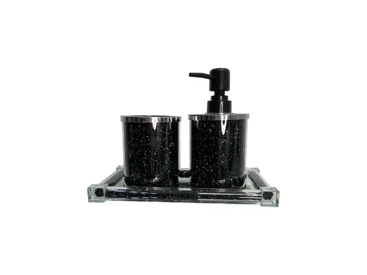 Three Piece Black Silver and Clear Glass Bling Bathroom Accessory Set