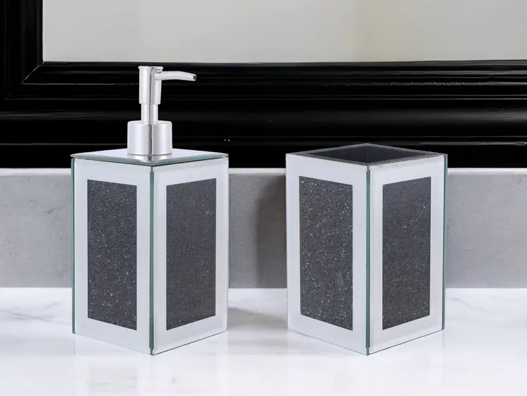 Two Piece Black Mirrored Glass Bling Bathroom Accessory Set