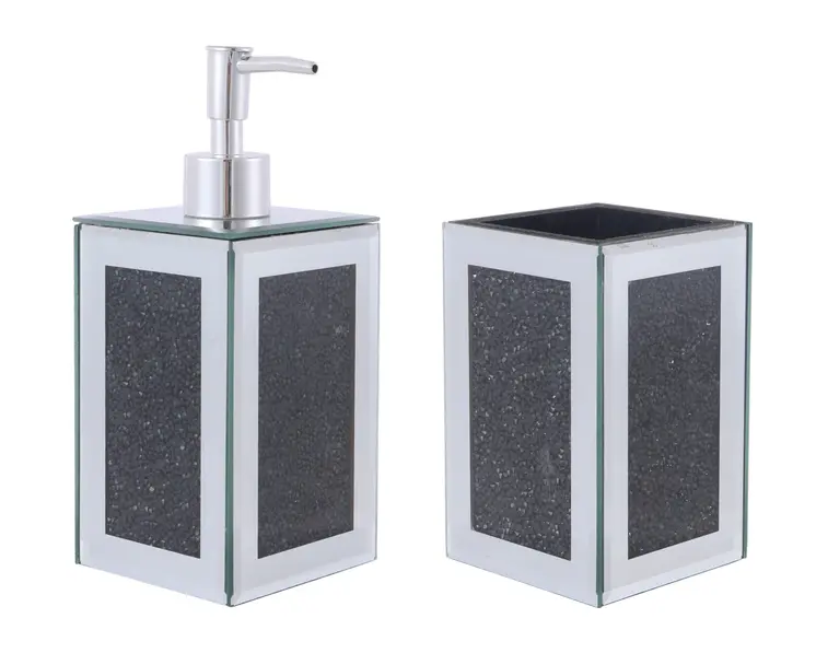 Two Piece Black Mirrored Glass Bling Bathroom Accessory Set