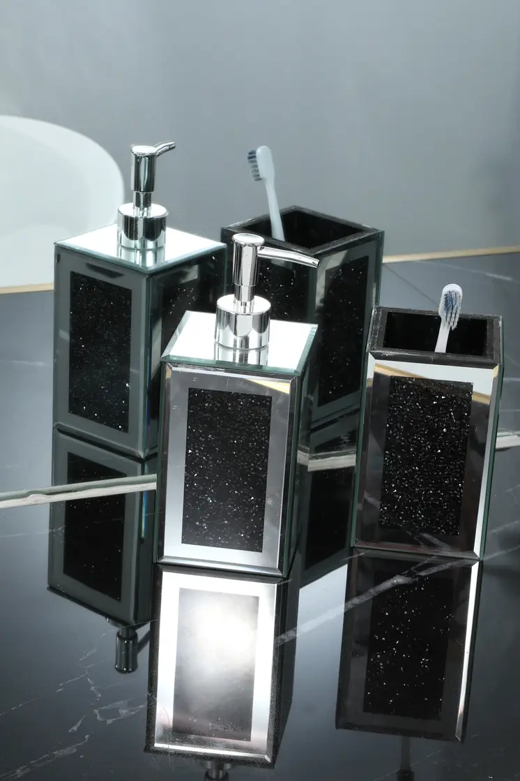 Two Piece Black Mirrored Glass Bling Bathroom Accessory Set