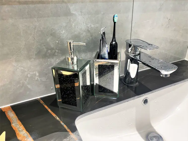Two Piece Black Mirrored Glass Bling Bathroom Accessory Set