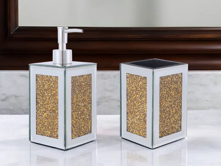 Two Piece Gold And Mirrored Glass Bling Bathroom Accessory Set