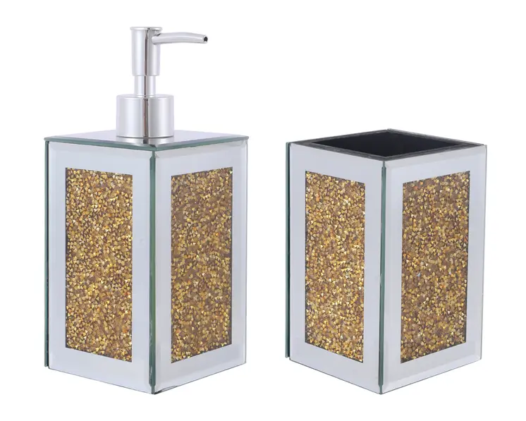 Two Piece Gold And Mirrored Glass Bling Bathroom Accessory Set
